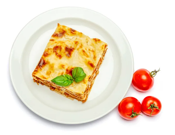 Portion of tasty lasagna isolated on white — Stock Photo, Image