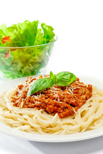 Spaghetti bolognese on a white plate — Stock Photo, Image