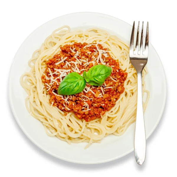 Espaguetis boloñeses en un plato blanco —  Fotos de Stock