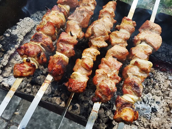 Shashlik marinados preparándose en una parrilla de barbacoa —  Fotos de Stock