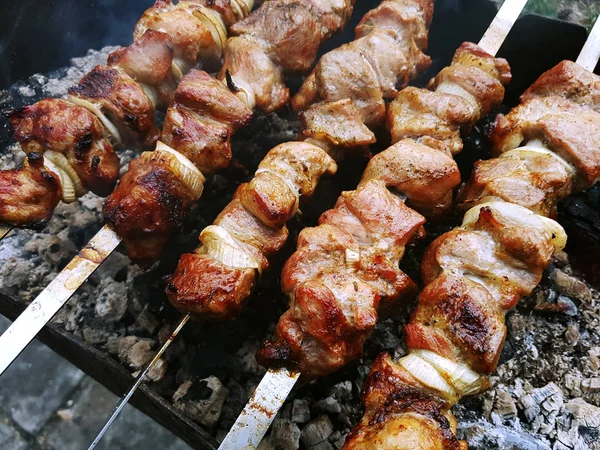 Shashlik marinados preparándose en una parrilla de barbacoa —  Fotos de Stock