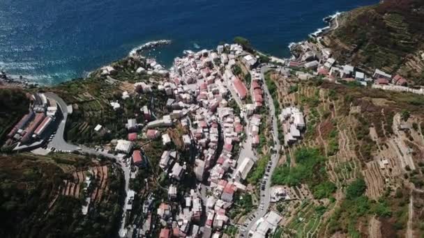 Flygfoto över Riomaggiore i Cinque Terre Italien — Stockvideo