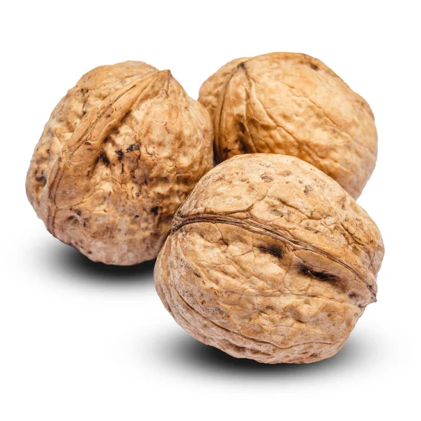 Three whole walnuts isolated on white background. clipping path — Stock Photo, Image