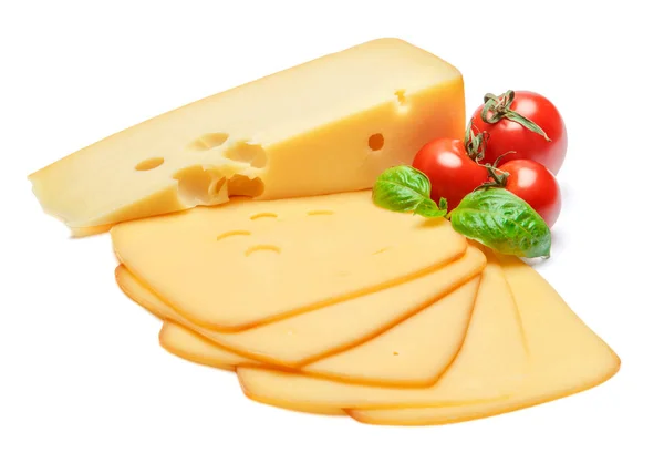 Swiss peynir veya kaşar peyniri ve domates beyaz arka plan üzerinde — Stok fotoğraf