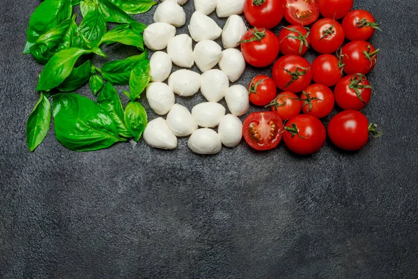 Italiensk flagga gjord av mozzarellaost, basilika och tomater. Capresesallad — Stockfoto