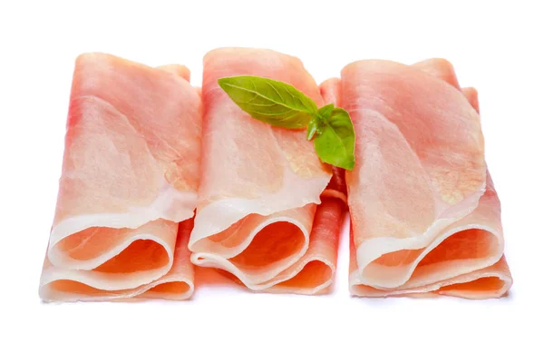 Italian prosciutto crudo or spanish jamon. Raw ham on white background. — Stock Photo, Image