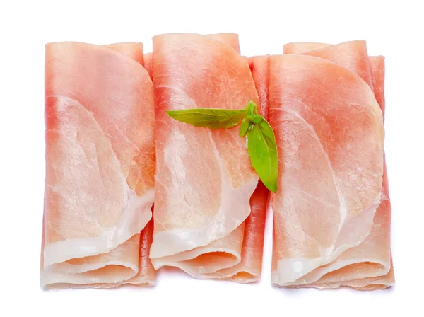 Italian prosciutto crudo or spanish jamon. Raw ham on white background. — Stock Photo, Image