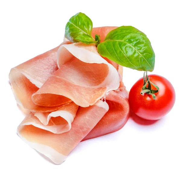 Italian prosciutto crudo or spanish jamon and tomatoes. Raw ham — Stock Photo, Image