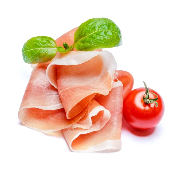 Italian prosciutto crudo or spanish jamon and tomatoes. Raw ham — Stock Photo, Image