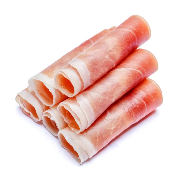 Italian prosciutto crudo or spanish jamon. Raw ham on white background. — Stock Photo, Image