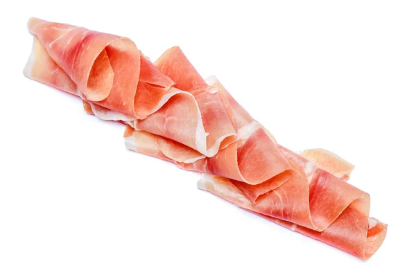 İtalyan prosciutto crudo veya İspanyol jamon. Beyaz arka plan üzerinde ham ham. — Stok fotoğraf