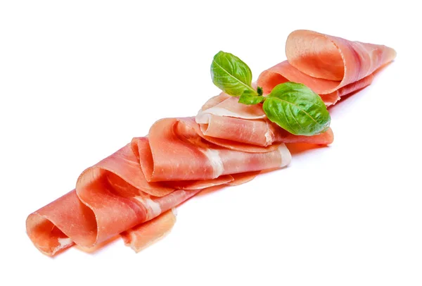 Italian prosciutto crudo or spanish jamon. Raw ham on white background. — Stock Photo, Image