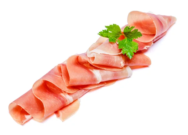 Italian prosciutto crudo or spanish jamon. Raw ham on white background. — Stock Photo, Image