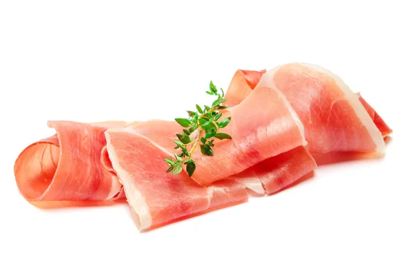 Italiaanse prosciutto crudo of Spaanse Jamón. Rauwe ham op witte achtergrond. — Stockfoto