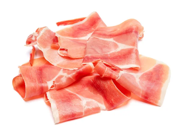 Olasz prosciutto crudo, vagy jamon spanyol. Nyers sonka, fehér háttér. — Stock Fotó