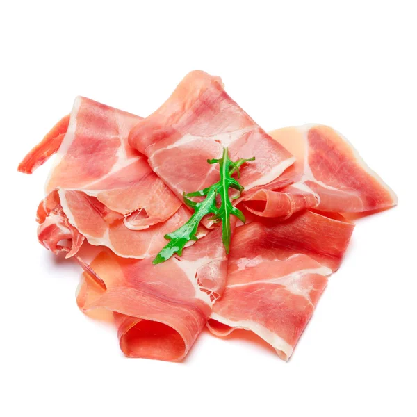 Italian prosciutto crudo or spanish jamon. Raw ham on white background. — Stock Photo, Image