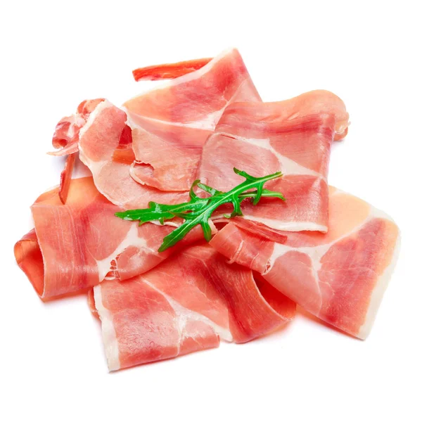 Crudo au prosciutto italien ou jamon espagnol. Jambon cru sur fond blanc . — Photo