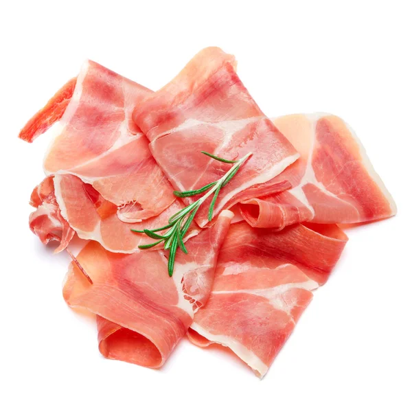 Italské prosciutto crudo nebo španělský jamon. Syrové šunky na bílém pozadí. — Stock fotografie