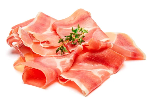 Italiensk prosciutto crudo eller spansk jamon. Rå skinke på hvid baggrund . - Stock-foto