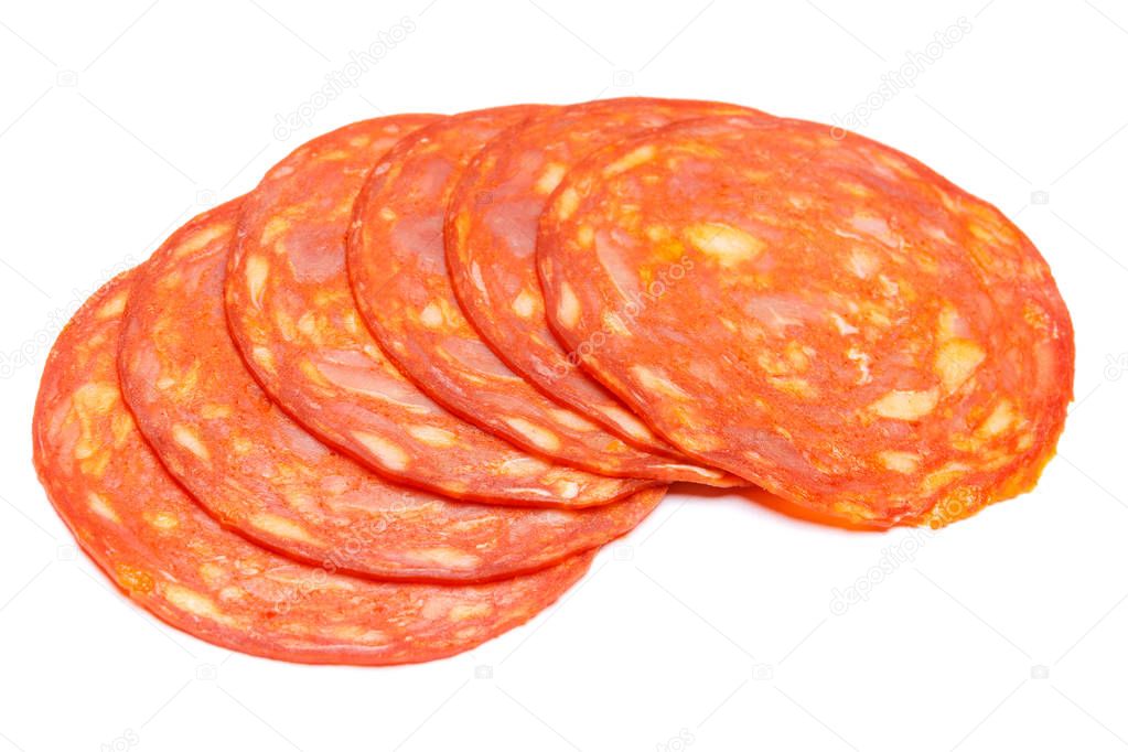 Italian Salami or spanish chorizo on white background — Stock Photo