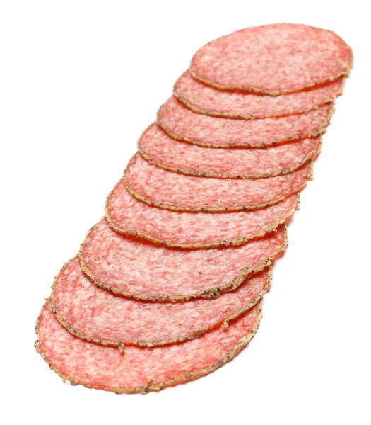 Saugage Salame italiano no fundo branco — Fotografia de Stock