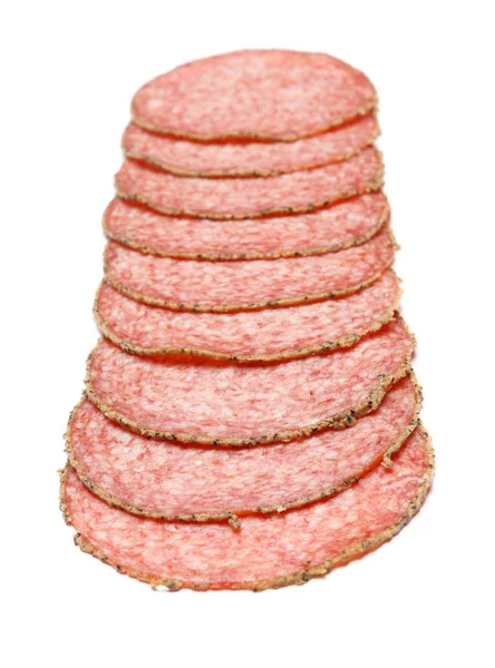 Saugage Salame italiano no fundo branco — Fotografia de Stock