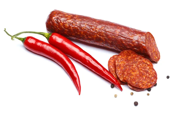 Spaanse chorizo worst op witte achtergrond — Stockfoto