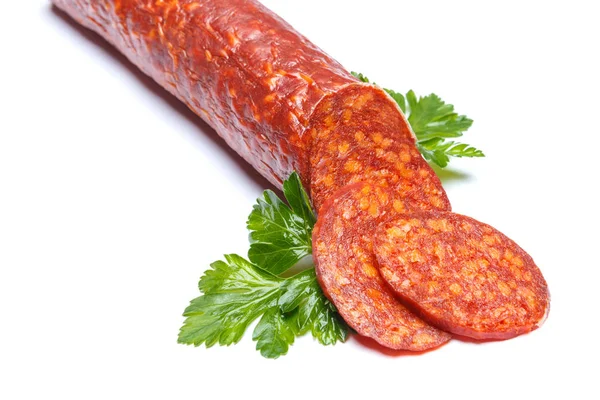 Salchicha de chorizo español sobre fondo blanco — Foto de Stock