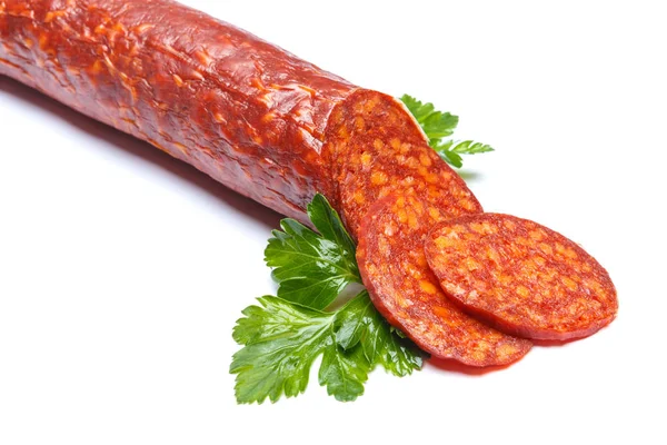 Salchicha de chorizo español sobre fondo blanco — Foto de Stock