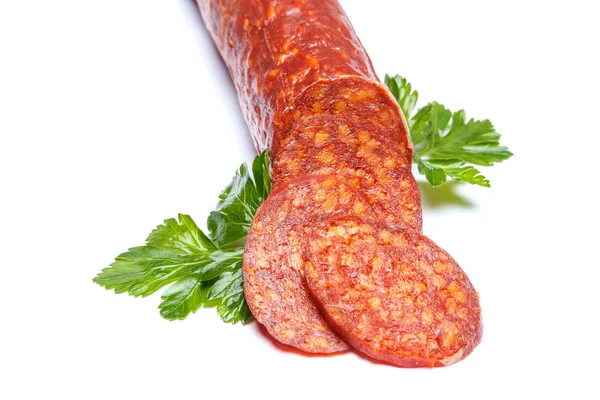 Spansk chorizokorv på vit bakgrund — Stockfoto