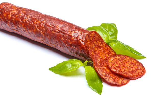 Spansk chorizokorv på vit bakgrund — Stockfoto