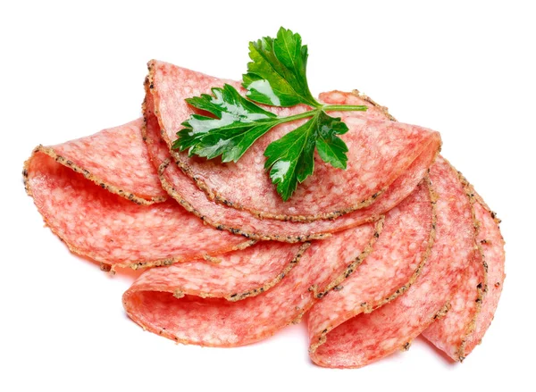 Salame italiano o chorizo spagnolo su sfondo bianco — Foto Stock