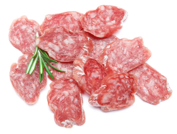 Torkat skivade ekologiska salami korv på vit bakgrund — Stockfoto