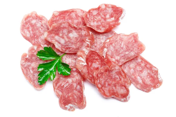 Suszone plasterki salami organicznych kiełbasa na białym tle — Zdjęcie stockowe