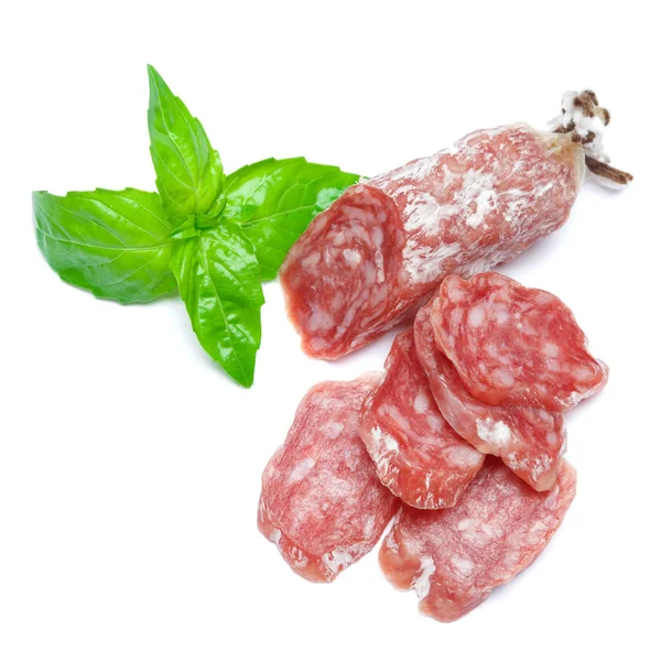 Dried sliced organic salami sausage on white background — Stock Photo, Image