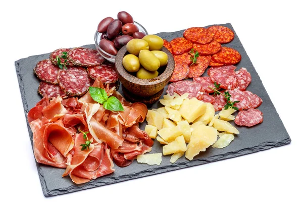Hús és a sajt tál, szalámi, kolbász, kolbász, Párma és parmezán sajt — Stock Fotó