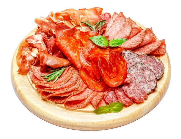 Cold meat plate with salami and chorizo sausage on wooden board — Stock Photo, Image