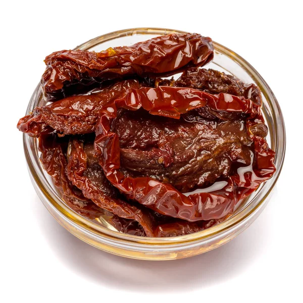 Canned Sundried or dried tomato halves in glass bowl — Stock Photo, Image