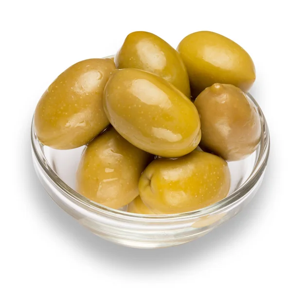 Green olives isolated in glass bowl on white background Stock Image