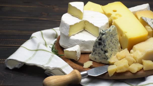 Video von verschiedenen Käsesorten - Parmesan, Brie, Cheddar und Roquefort — Stockvideo