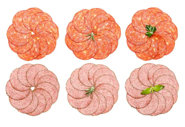 Set Italiaanse Salami of Spaanse chorizo op witte achtergrond — Stockfoto