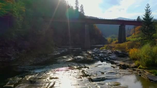 Bergrivier stroomt tussen rotsachtige kusten in de Karpaten bergen, Oekraïne — Stockvideo