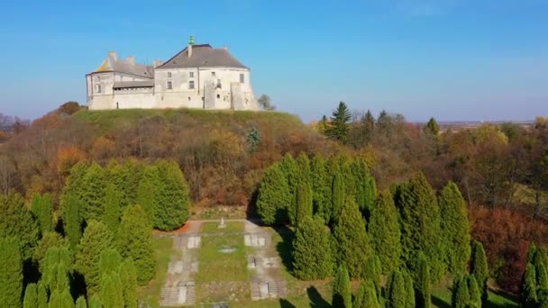 Вид с воздуха на Замок с привидениями в Олеско, Украина — стоковое видео