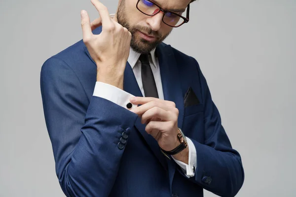 Studio shot stylish businessman wearing suit and watches — Stock Photo, Image