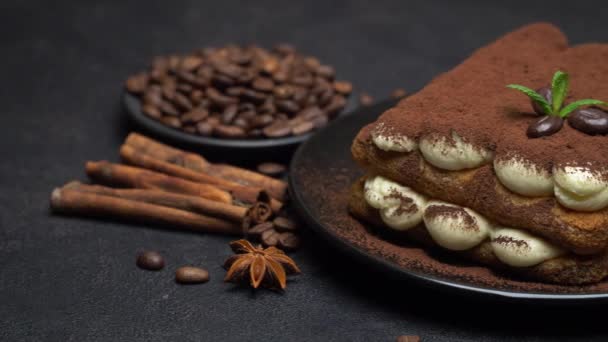 Classic tiramisu dessert on ceramic plate on concrete background — Stock Video