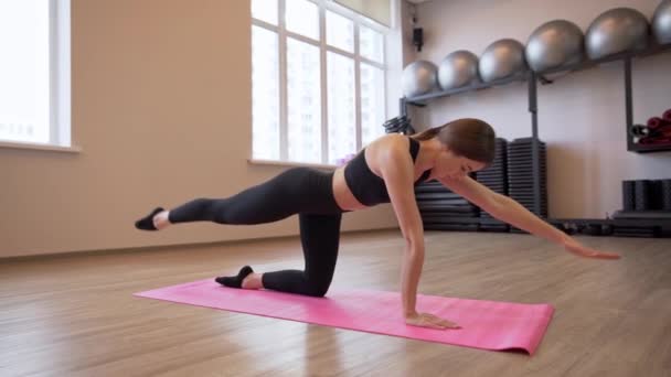 4x cámara lenta de vídeo de Hermosa mujer joven haciendo ejercicio y estiramiento en el interior — Vídeo de stock