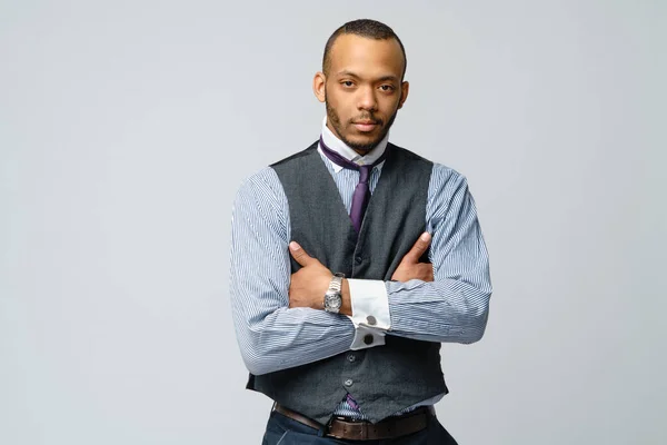 African-American man face portrait over grey background — Stock Photo, Image