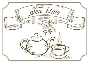 Tasarım tabela için su ısıtıcısı ile şerit ve çay Kupası kafe 