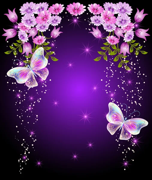 Mariposas transparentes con flores y estrellas — Vector de stock