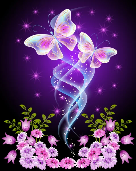 Mariposas transparentes con flores y estrellas — Vector de stock